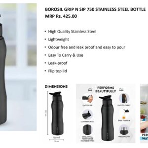 BOROSIL GRIP N SIP 750 STAINLESS STEEL BOTTLE