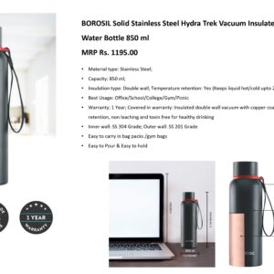BOROSIL Solid Stainless Steel Hydra Trek Vacuum Insulated Flask ( 850 ml )