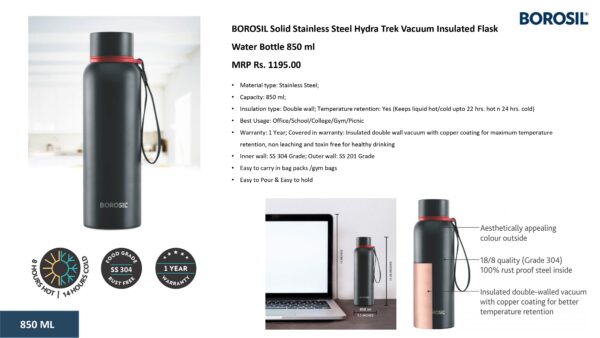 BOROSIL Solid Stainless Steel Hydra Trek Vacuum Insulated Flask ( 850 ml )