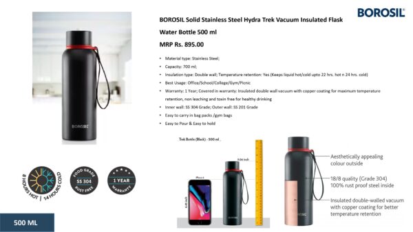 BOROSIL Solid Stainless Steel Hydra Trek Vacuum Insulated Flask ( 500 ml )