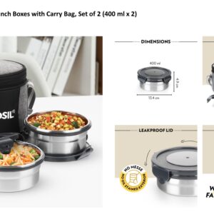 Borosil Stainless Steel Lunch Boxes with Carry Bag, Set of 2 (400 ml x 2)