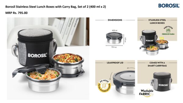 Borosil Stainless Steel Lunch Boxes with Carry Bag, Set of 2 (400 ml x 2)