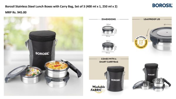 Borosil Stainless Steel Lunch Boxes with Carry Bag, Set of 3 (400 ml x 1, 250 ml x 2)