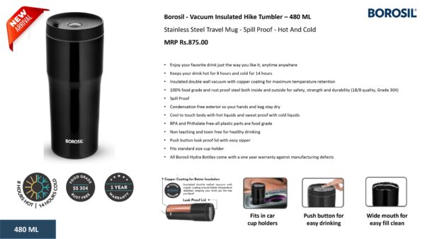 Borosil - Vacuum Insulated Hike Tumbler ( 480 ml )