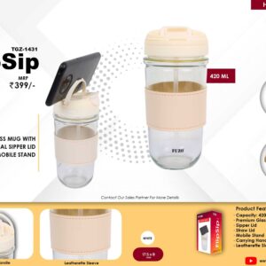 GLASS MUG WITH DUAL SIPPER LID & MOBILE STAND ( FlipSip )
