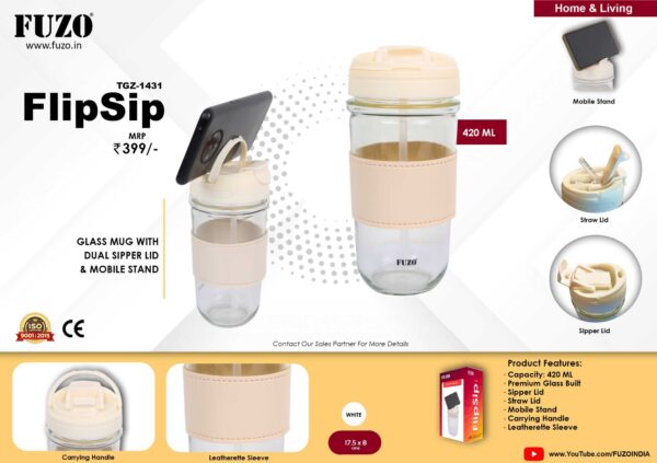 GLASS MUG WITH DUAL SIPPER LID & MOBILE STAND ( FlipSip )